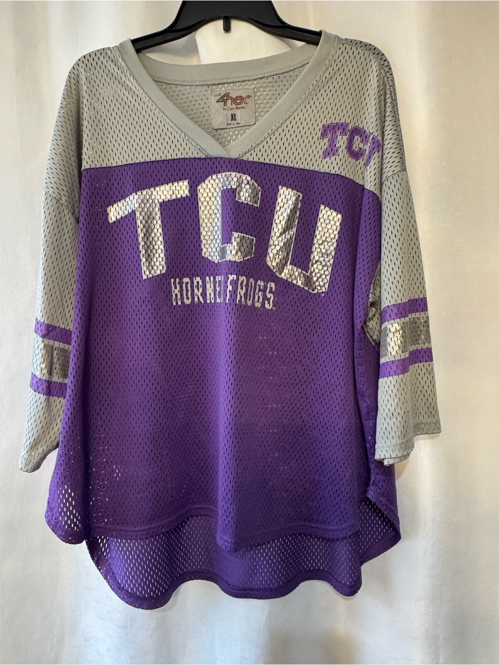 TCU Horned Frogs Purple and Gray/Silver Mesh V-Neck Fan Jersey 3/4 sleeve